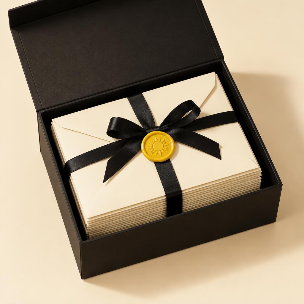 Mockup of the 30-envelope kit in a black box